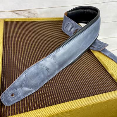 C-22-BLU Handmade 3" Wide Double Padded Premium Grain Leather Guitar Strap Washed Blue Denim Finish image 6