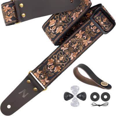 Guitar Strap, 2" Jacquard Embroidery Guitar Straps, Full Grain Leather Ends with Hidden Pocket, for Bass, Electric and Acoustic Guitars, Strap Button, Strap Locks and Guitar Picks image 1