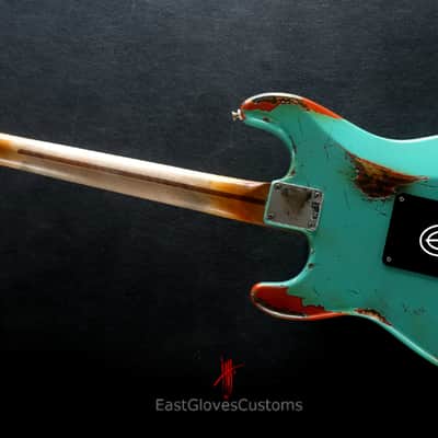 Fender FSR Stratocaster Seafoam Green/Metallic Orange HSS Heavy Aged Relic by EGC (107 OF 250) image 16