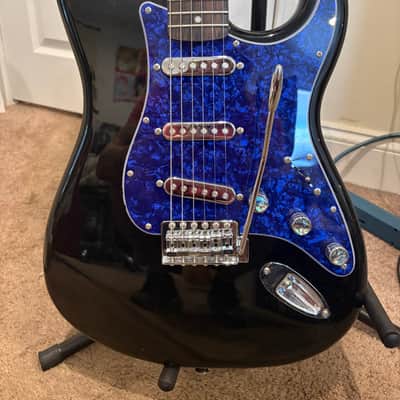 1 of 1 Custom Fender Squier Strat "Midnight Ocean" 2011 - Glossy Black Body w/ Blue Pearl Pickgaurd + Silver Pickups & Control Knobs | Rosewood Fretboard | Hand Painted Headstock | Silver Whammy Bar (Tremelo Arm) | Moon / Ocean / Nautical image 2
