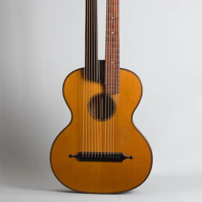 Unlabelled  13 Course Schrammel Contra Harp Guitar, c. 1950's - natural top, mahogany stained back and sides, gig bag case. image 1
