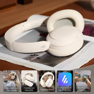 Immagine Edifier V80 Hybrid Active Noise Cancelling Bluetooth Headphones, Ivory - 7