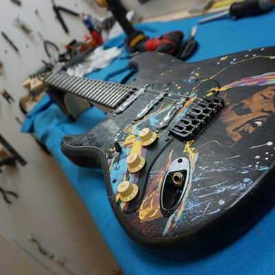 Custom Unique Jimi Hendrix stratocaster guitar left handed black & natural wood image 1
