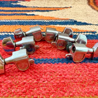 Vintage-Used Schaller 3 + 3 Guitar Tuners-Tuning Machines-Complete Set Chrome ~1980's image 7