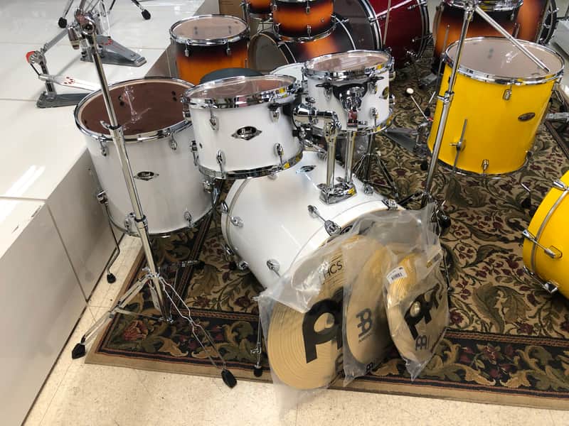 Pearl Export Drum Set Pure White 5pc 20€ Drum Kit with Meinl HCS Cymbals and Throne image 1