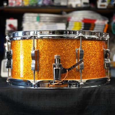 1970s USA Ludwig 6.5x14" Maple Snare Drum - Blue/Olive Badge - Gold Sparkle Wrap image 2