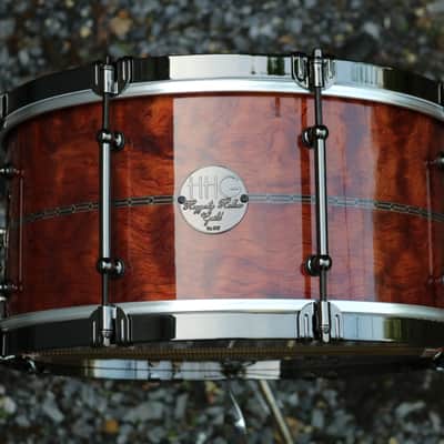 HHG drums 14x7 Bubinga, Tulipwood, Maple  2021 High Gloss Natural Lacquer, Herringbone Inlay, Black Nickel Hardware image 12