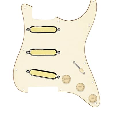 920D Custom Gold Foil Loaded Pickguard For Strat With Aged White Pickups and Knobs, Aged White Pickguard For Strat, and S5W Wiring Harness