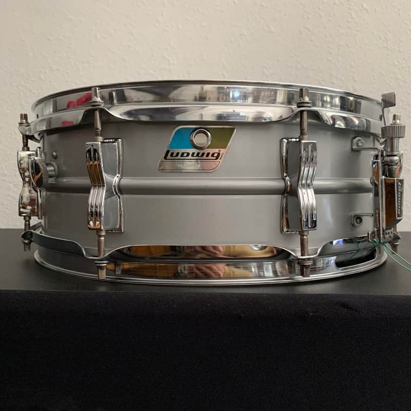 Ludwig L-404 Acrolite 5x14" 8-Lug Aluminum Snare Drum with Rounded Blue/Olive Badge 1979 - 1993 - Gray image 1