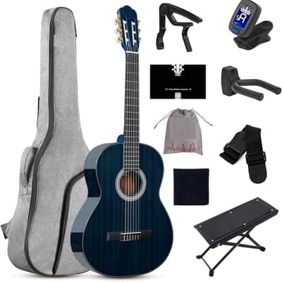 4/4 Classical Guitar, 39 Inch Full Size Nylon String Guitar for Beginner Adults, Full Classic Guitar Kit with Free Lessons, Gig Bag, Footstool, Capo, Tuner, Hanger and Strap (Glossy Blue) image 1
