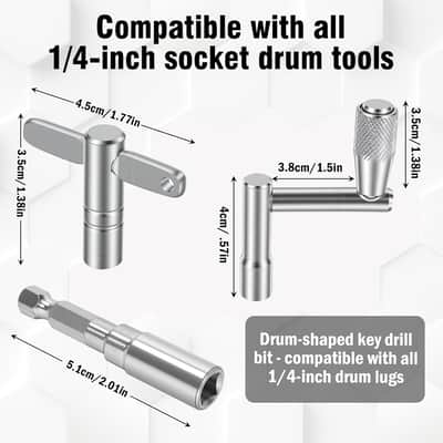 Drum Key Set – 4-Pack, T-Style Drum Keys x2, Drill Bit Drum Key x1 & Crank Handle Drum Key x1, Universal Tuning Tool Kit for Snare, Drum Set & Percussion image 2