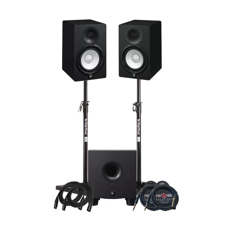 Yamaha HS7 95W Powered Studio Monitor Speaker (Pair) with Yamaha HS8S 150W Powered Sub, Stands, and Cables (8 Items) image 1