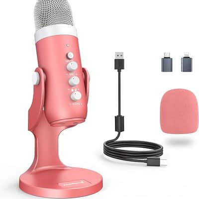 Gaming USB Pink Microphone with Quick Mute for Phone Computer PC PS5,Studio Mic with Gain Control,Echo&Monitor Volume Adjust for Streaming Vocal Recording ASMR Podcast Video K66 image 1