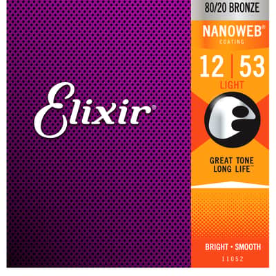 Elixir 11052 Nanoweb Light 12-53 SMOOTH FEEL, BRIGHT TONE 80/20 Bronze Acoustic Guitar Strings image 2