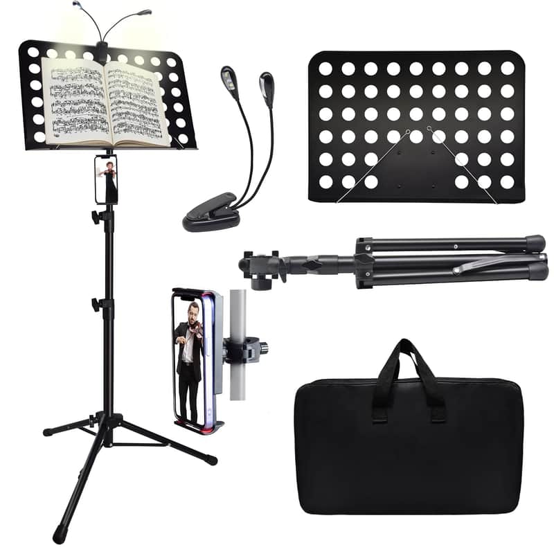Sheet Music Stand With Light & Phone Holder, 57" Music Stand For Sheet Music High Stability, Height Adjustable Music Sheet Stand With Carrying Bag, Portable Music Book Holder (33-57Inch) image 1
