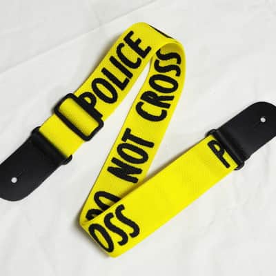 Police Line DO NOT CROSS guitar strap - Yellow Nylon - Leather ends -Made in USA Fort Bryan? image 2