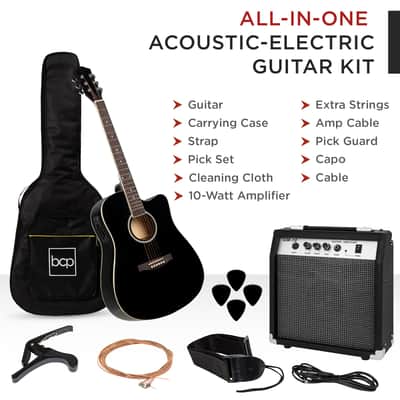 Best Choice Products Beginner Acoustic Electric Cutaway Guitar Set w/ Case, Strap - 41in-Natural image 22