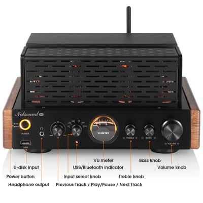 Hybrid Vacuum Tube Stereo Amplifier Class AB Bluetooth Receiver w/ USB & VU Meter image 2