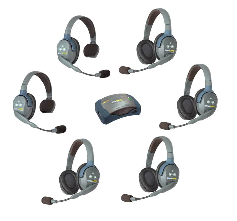 Mint Eartec HUB624 UltraLITE Wireless System 2 Way Radio License-Free for 6 Users - 1 HUB Full Duplex Transceiver Base Station, 2-Pack of ULSR Single-Ear DECT Headset, 4-Pack ULDR Dual Ear Remote Headsets image 1