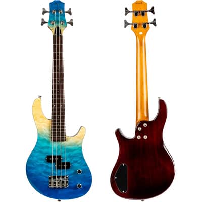 Flight Mini Bass (TBL) Solid Body Transparent Blue New - gradient blue finish on a quilted maple top image 3