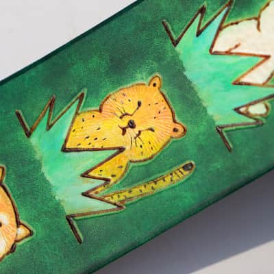 burnyblack custom made guitar strap - animals in forest leather/green image 14