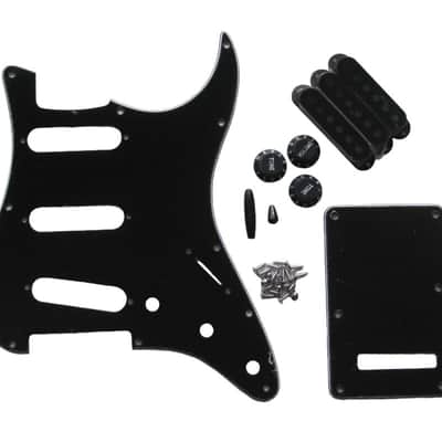 Black 3-ply Strat SSS Pickguard Kit , Black knobs, and Black Covers USA SHIP image 1