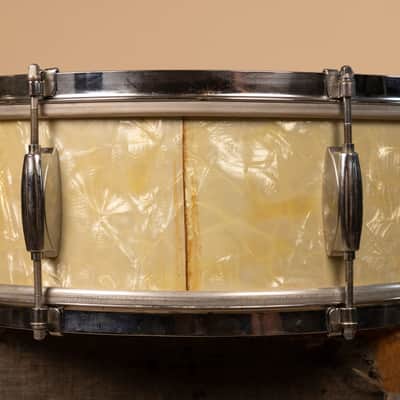 1960s Gretsch 5.5x14 Dixieland White Marine Pearl Snare Drum image 4