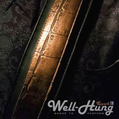 Well-Hung "Lust for Lustre" - 3" wide padded black leather comfort strap with gold reptile image 5