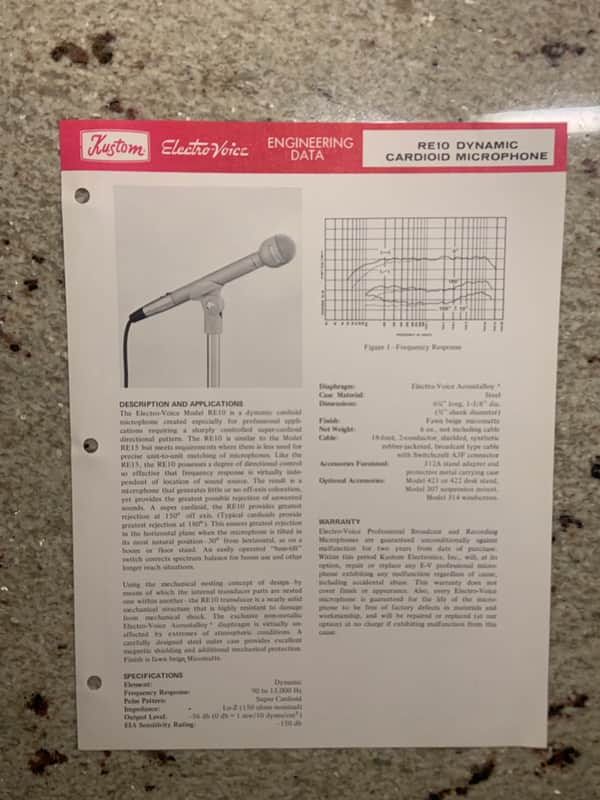 Vintage 1970s Kustom Electro Voice RE10 Dynamic Cardioid Microphone Spec Sheet! image 1