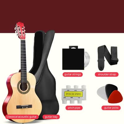 30” Classical Acoustic 6 String Linden Traditional Style Guitar w/Wood Fretboard, Case Bag, Nylon Strap, Tuner, 3 Picks-for Beginner, Children Use, Right Handed image 1