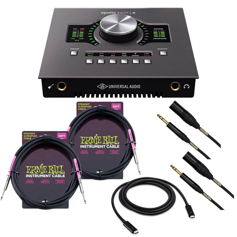 Immagine Universal Audio Apollo Twin X QUAD Heritage Edition, Thunderbolt 3 Cable, (2) Mogami XLR to 1/4, (2) ErnieBall 1/4 Cables Bundle - 1