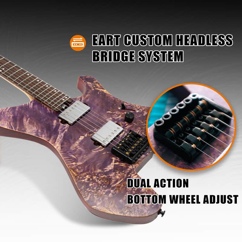 Eart GW2 Headless Electric Guitar, Right Handed, Roasted Padauk+Poplar Burl Body, 24 Stainless Steel Frets image 1