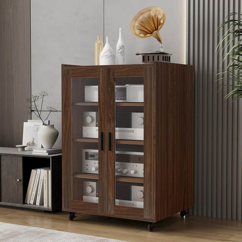 5-Tier Stereo Rack Media Cabinet w/ Glass Door, Adjustable Shelves, Cable Management & Wheels image 1