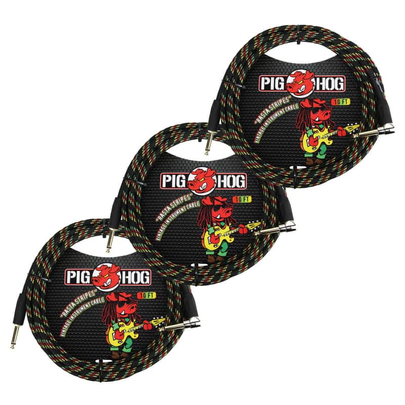 3 - Pack Pig Hog PCH10RAR 1/4" Straight to 1/4" Right-Angle Rasta Instrument Cable 10FT - NEW image 1
