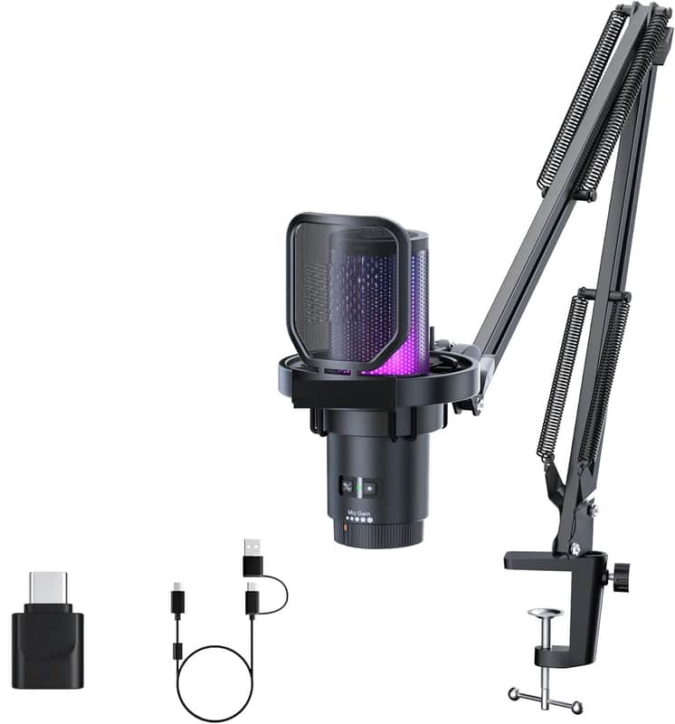 Pro Wireless USB Condenser Gaming for PC, PS4, PS5, USB C Phone and Mac, Boom Arm RGB Computer Mic for Twitch, Streaming, Podcasting, Noise Cancellation Mic with Mute, Gain, Monitoring image 1
