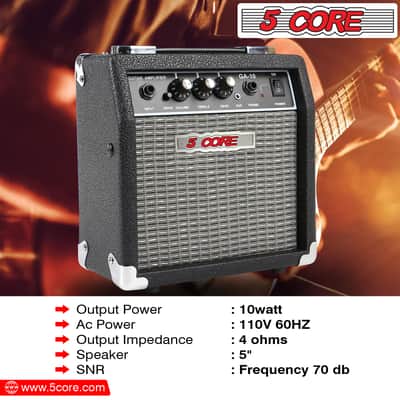 5 Core Guitar Amplifier 10 Watt Electric and Acoustic Amp for Practice with Inbuilt Speaker Aux Input Volume Bass Treble Control Amp GA 10 BLK image 3