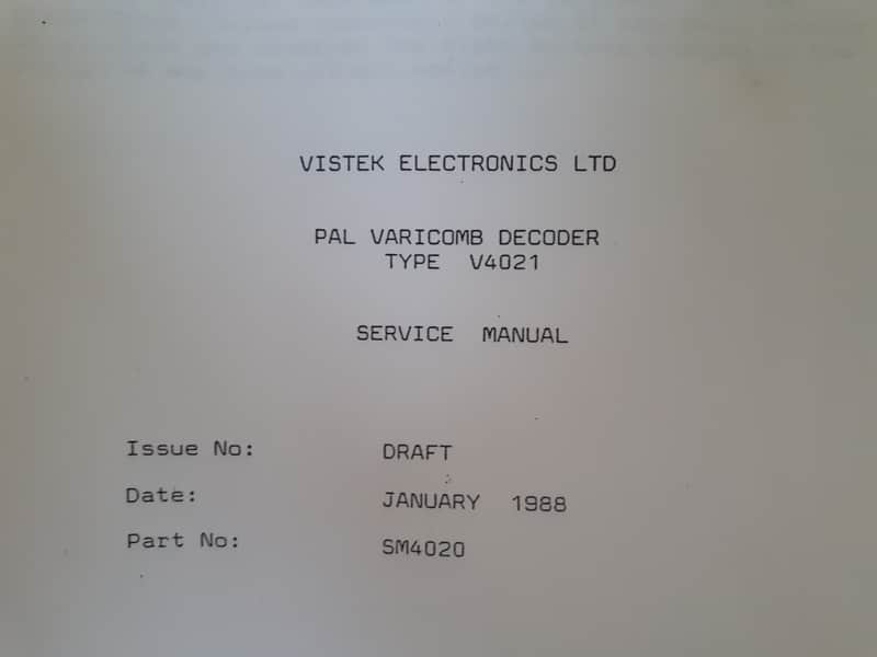Service Manual for Vistek Electronics Ltd PAL  Varicomb Decoder Type V4021 1987 image 1