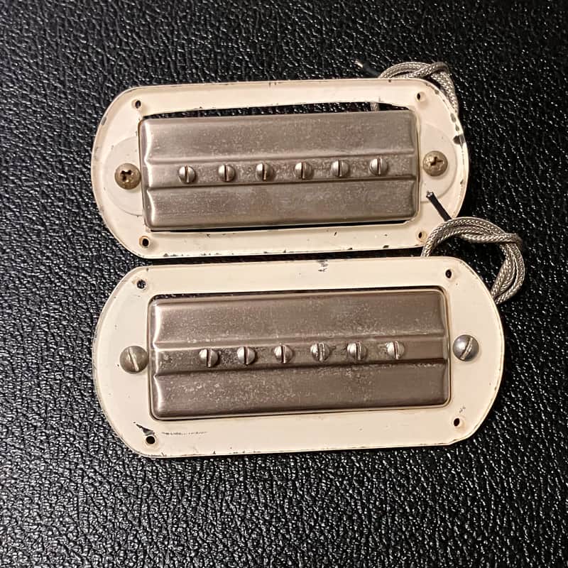 Vintage Pair Gibson P13 Pickup Set With Surrounds 1950’s Nickel Harmony Silvertone image 1