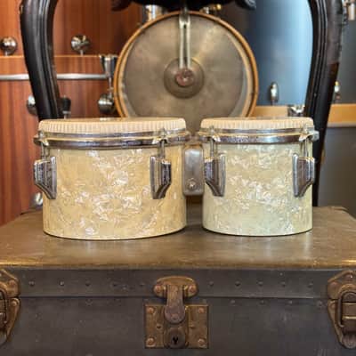 VINTAGE 1960's Rogers Bongos in White Marine Pearl - 6" & 8" image 3