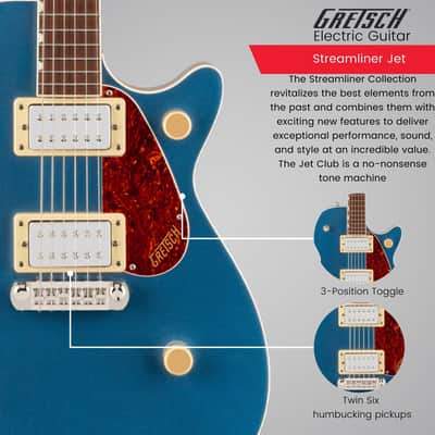 Gretsch Streamliner Jet Club Single-Cut Electric Guitar with Wraparound and Laurel Fingerboard (Dark Denim) Bundle with Gretsch G6238FT Electromatic Solid Body Flat Top Hardshell Case (Black) image 4