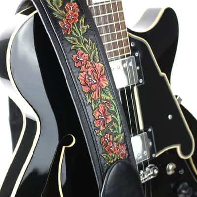 Walker & Williams KB-10 Gloss Black Strap w/Carved Red Orange Roses On Grain Leather image 4