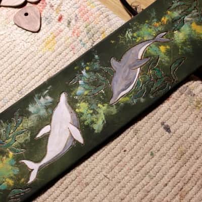 Burny Black Wide Guitar Strap 3.5" - dreaming girl green/brown made to order - oil image 9
