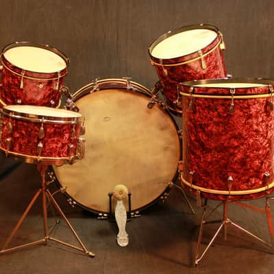 Slingerland*RED MARINE PEARL*28,13,14,16 Drum Set+Radio King Snare WW2 Wood Hoop image 2