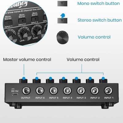 Ultra Low-Noise 6 Channel Line Mixer for Sub-Mixing, DC 5V 4-Stereo Mini Audio Mixer image 4