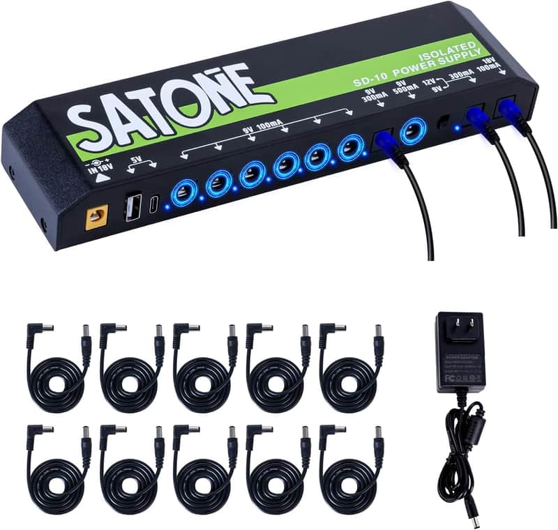 Guitar Pedal Power Supply,9v Effects Pedal Board Power Supply with 10 Isolated DC Output(100/300/500mA),Short Circuit Overcurrent Protection,USB/Type-C Port for Phone image 1