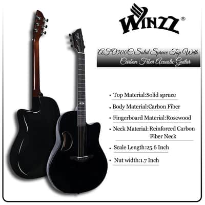 WINZZ AFO300C Solid Spruce Top With Carbon Fiber Back Acoustic Electric Guitar - Black image 3