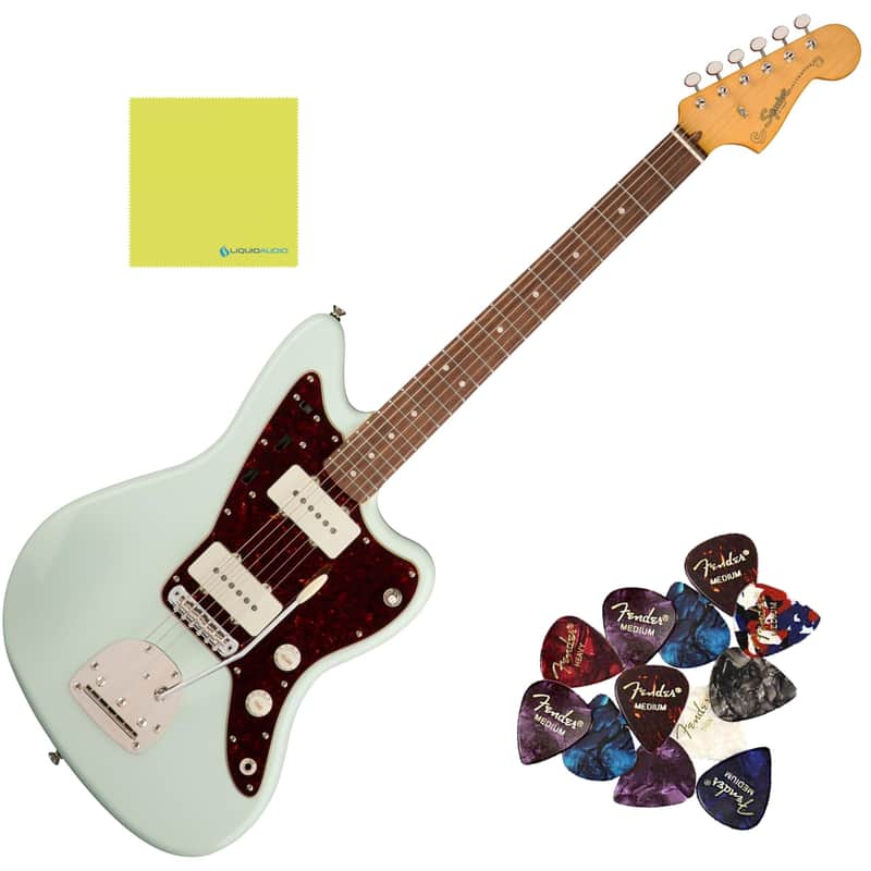 Squier Classic Vibe '60s Jazzmaster Electric Guitar Sonic Blue Bundle with 12x Guitar Picks & Polishing Cloth – Laurel Fingerboard, Vintage-Style Tremolo, Alnico Single-Coil Pickups image 1