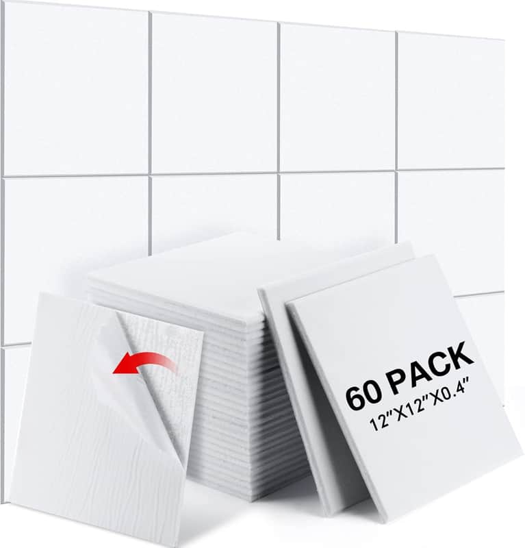 60 PCS Acoustic Panels 12 x 12 x 0.4 Inch Square Sound Absorbing Board Self Adhesive Soundproof Wall Panels Sound Proof Polyester Tiles for Home Studio Rooms Noise Canceling Reduction (White) image 1