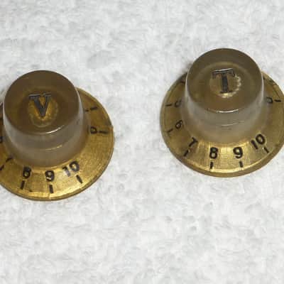 Original Vintage 1960s 1970s Gold Volume and Tone Knobs Matching Set of 2 for Univox Guyatone Teisco  Conrad Kawai Etc. Guitars Made in Japan Excellent image 1