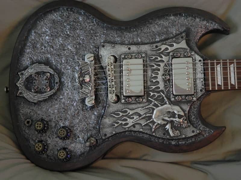 Steampunk Skull Epiphone SG G-400 Guitar Hand sculpted top hand made metal skull parts rings knobs image 1